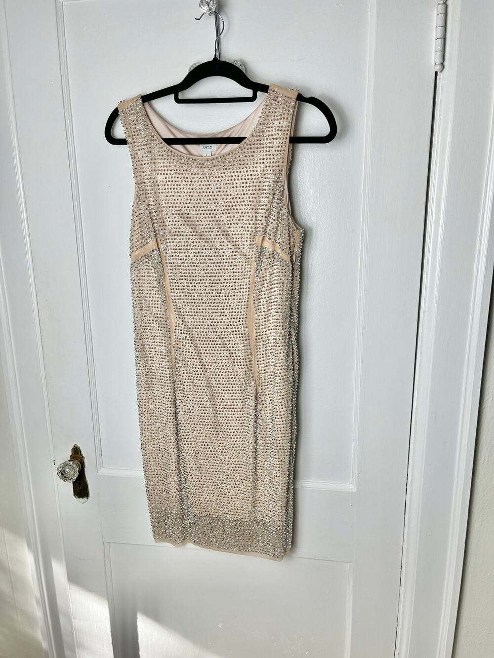 Cache Y2K Women’s Large Champagne Rhinestone Embellished Bodycon Cocktail Dress